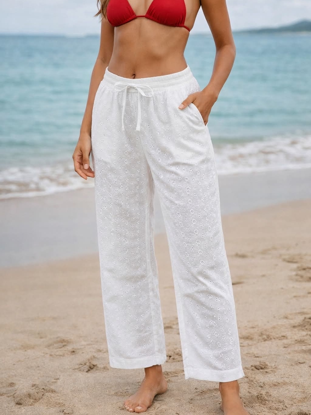 ZARA White Eyelet Lace Wide Leg Drawstring Pants Size XS